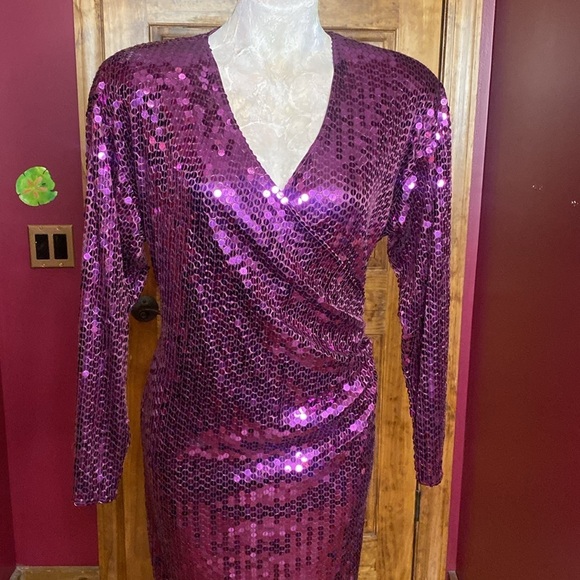 RARE Vtg Purple Sequin Oleg Cassini cocktail formal party midi long Dress sz 10 - Picture 5 of 16